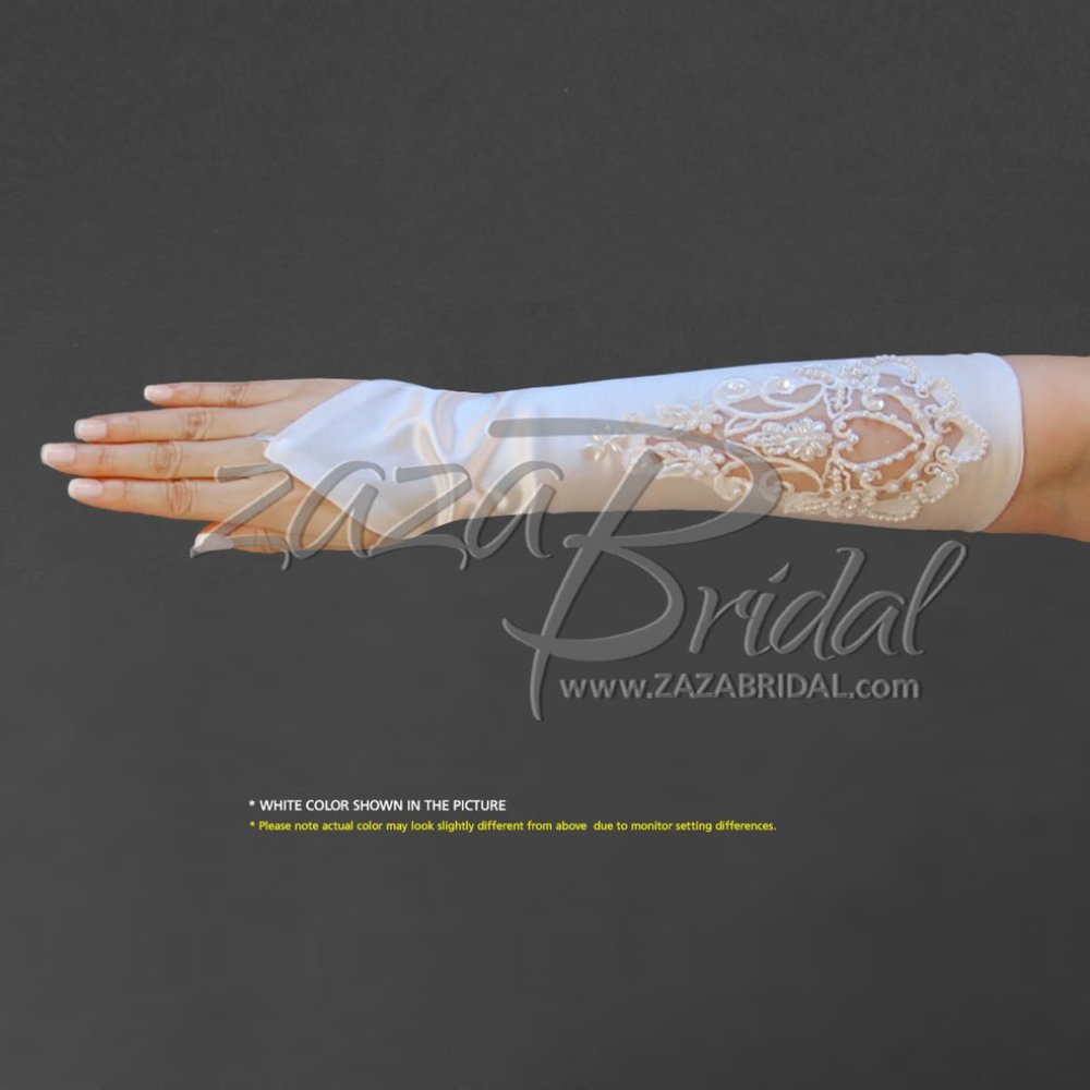 Shiny Satin Fingerless Gloves with Floral Embroidery Lace, Sequins & Pearl Accen